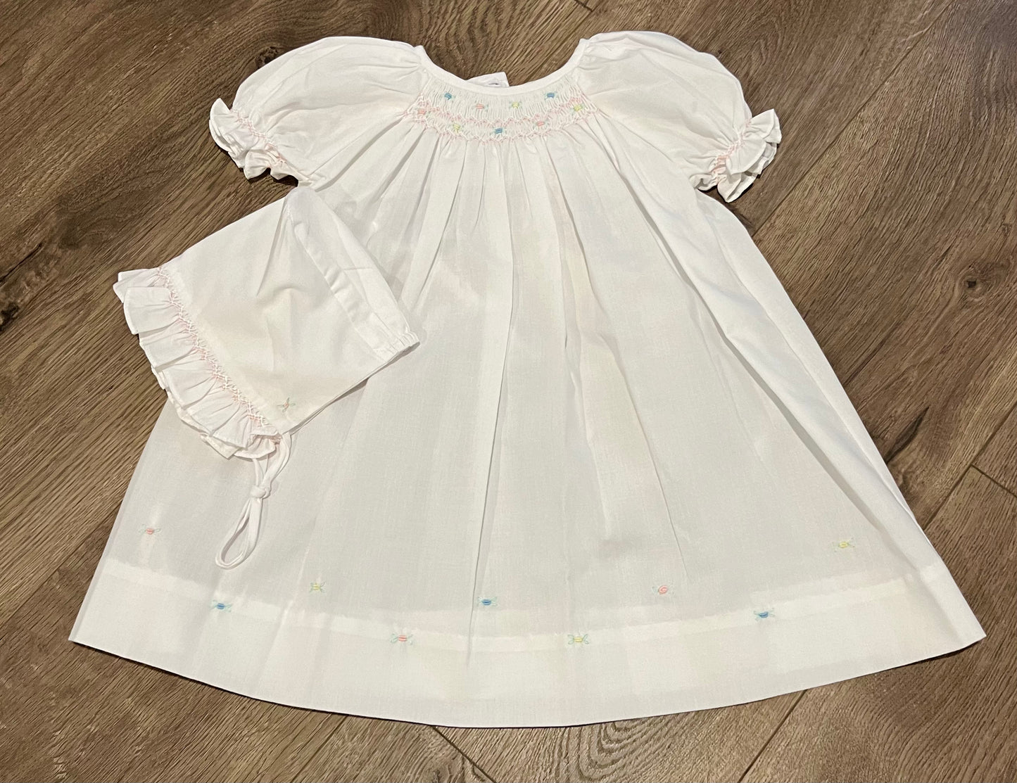 Petit Ami White Dress with Multicolored Flowers with Bonnet