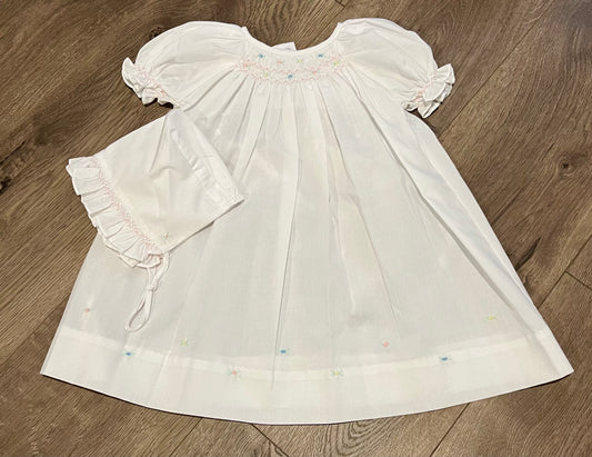 Petit Ami White Dress with Multicolored Flowers with Bonnet