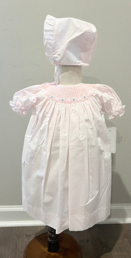 Petit Ami Pink Dress with Blue Flowers with Bonnet