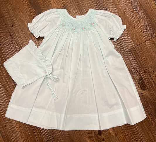 Petit Ami Mint Floral Smock Dress with Bonnet