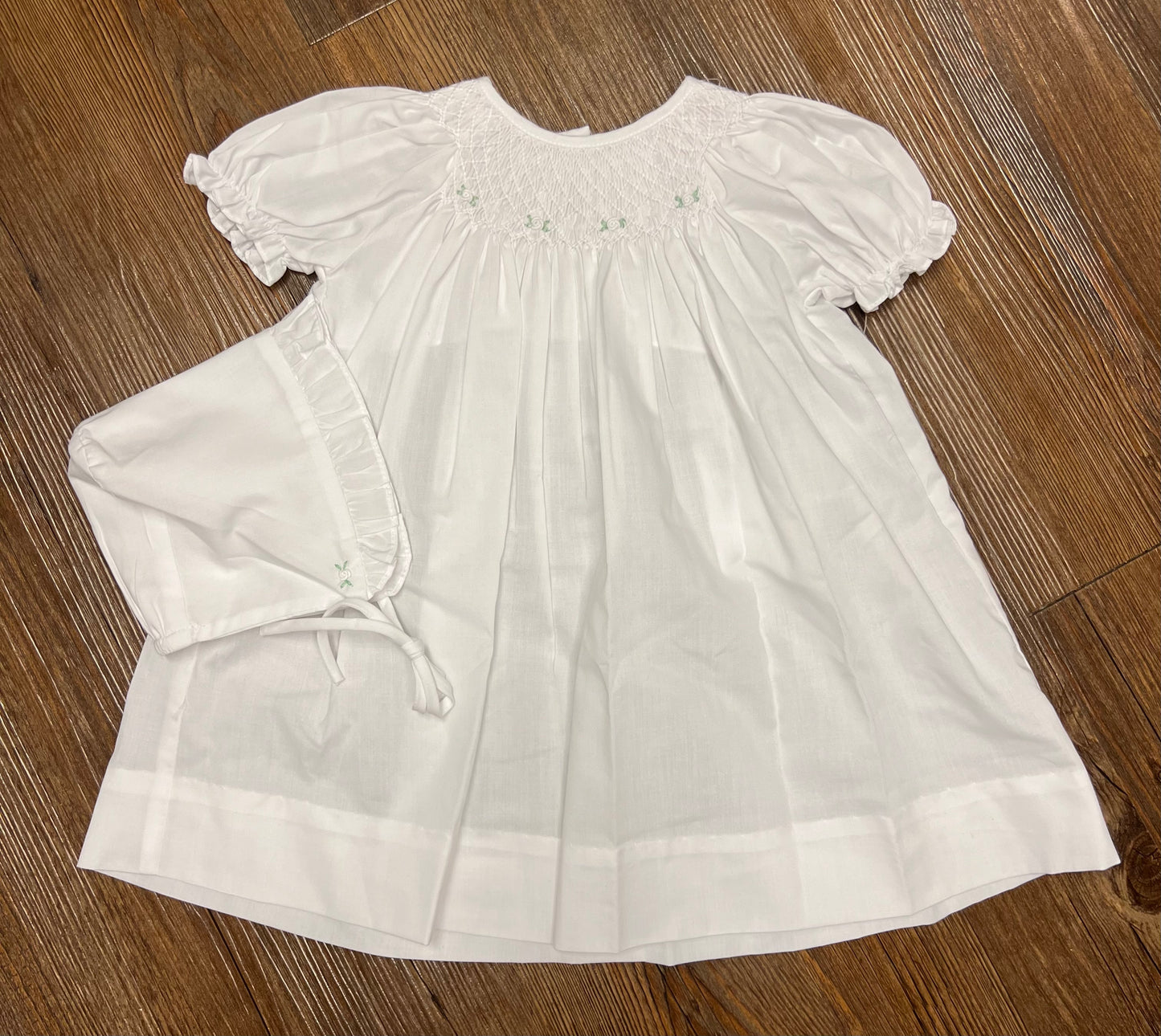 Petit Ami White Floral Smock Dress with Bonnet
