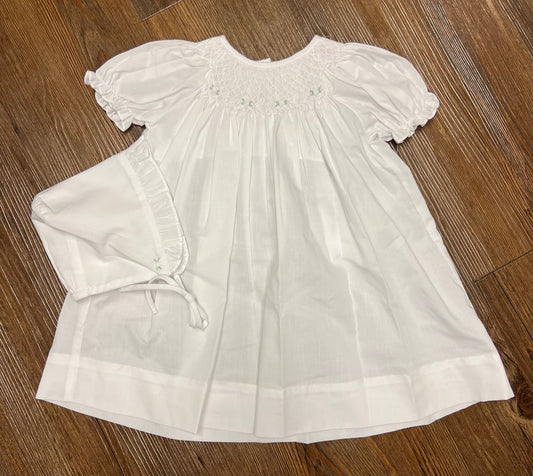 Petit Ami White Floral Smock Dress with Bonnet