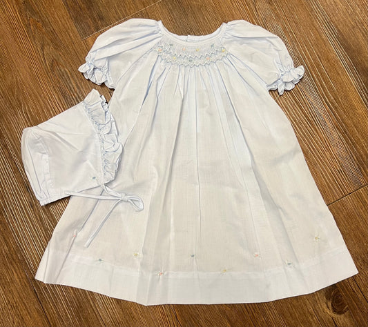 Petit Ami Baby Blue Multicolor Flower Smock Dress