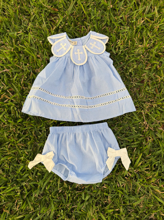 Blue Cross Scalloped Bloomer Set